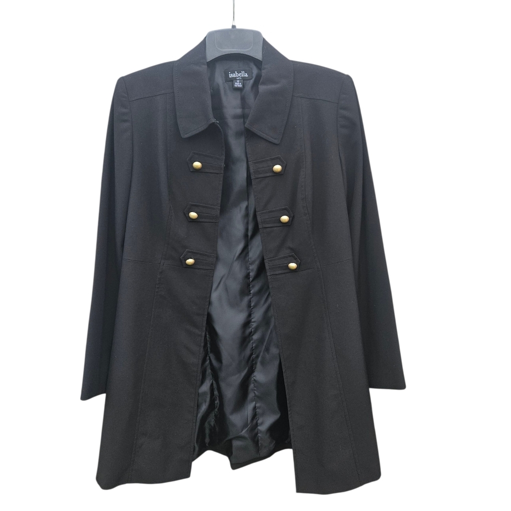 Isabella Military inspired Long Blazer Jacket Bkack Gold Buttons 12 Medium NEW